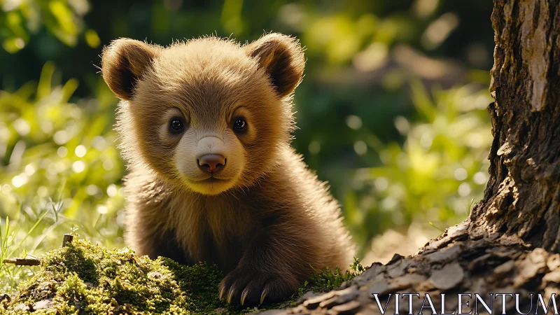 Bear cub near tree base in sunlit forest environment.