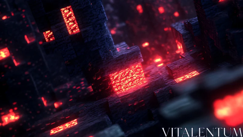 Neon magma blocks illuminate a dark voxel labyrinth in depth