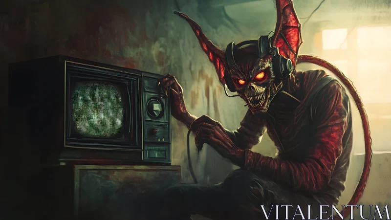 Demonic figure with glowing eyes tuning an old television.