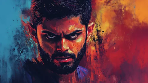 Intense digital portrait of focused bearded man in color.