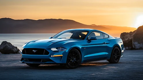 Blue sports coupe parked by coastal sunset landscape.