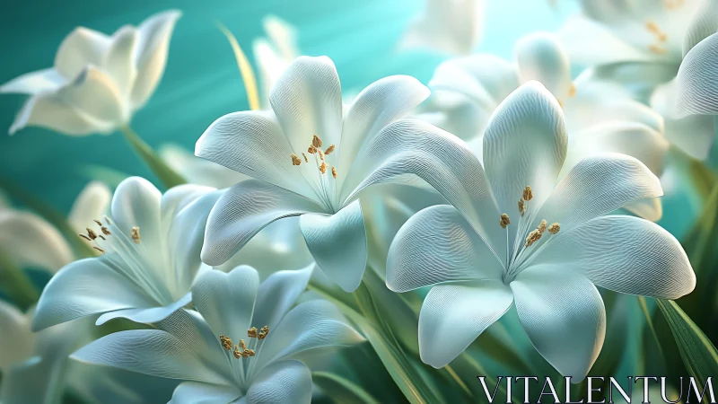 Delicate White Lilies with Golden Stamens Against Turquoise Backdrop.