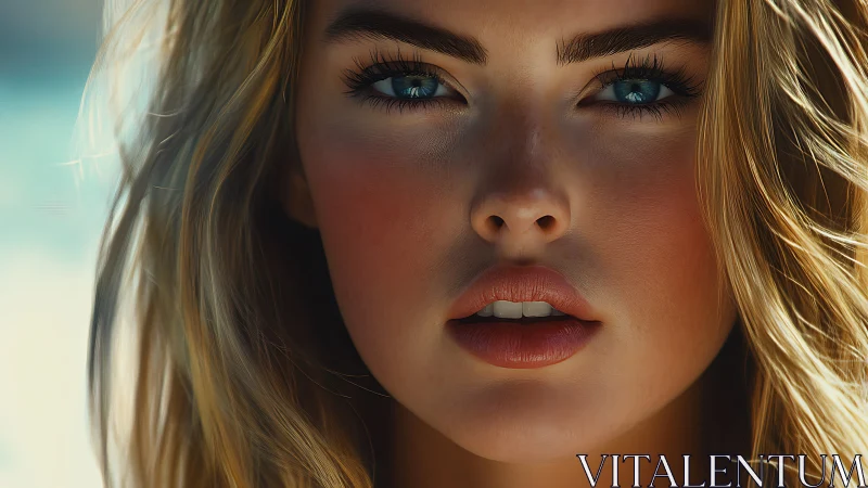 Intense blue eyed woman rendered in ultra detailed closeup