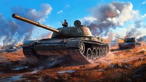 Heavy battle tank advances across burning grassland.