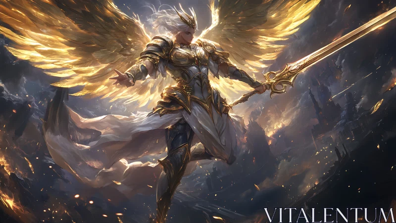 Radiant armored seraph with flaming golden wings in battle sky