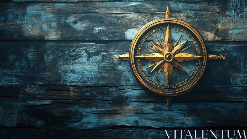 Weathered golden compass rose on distressed blue planks.
