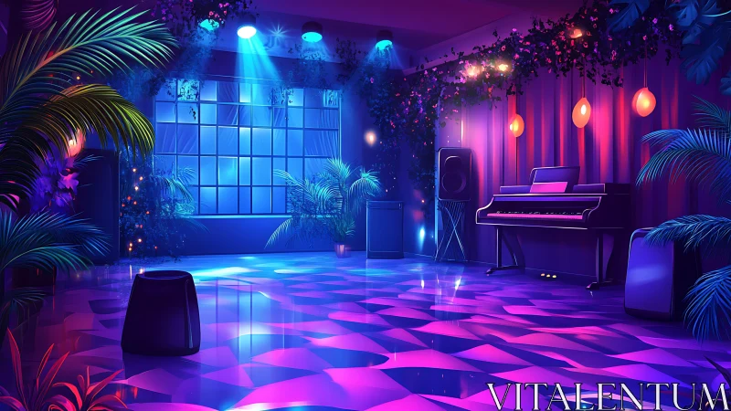 Neon-lit lounge with dreamy piano and tropical plants.