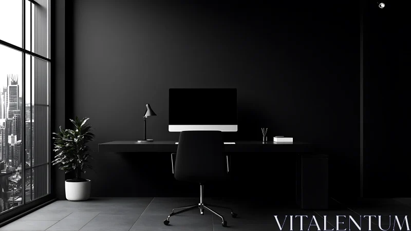 Monochrome workstation overlooking high-rise urban skyline.