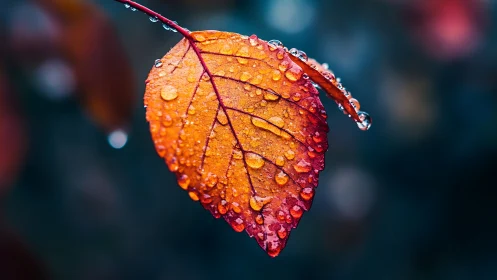 Single autumn leaf rehearses a raindrop ballet in macro glow