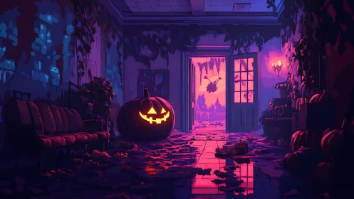 Haunted hallway glows with neon jack-o-lantern light