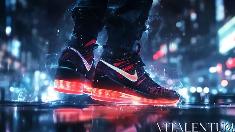 Neon-lit athletic sneakers are displayed on a wet urban street