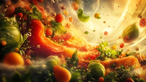Vibrant vegetables swirl through golden cosmic light