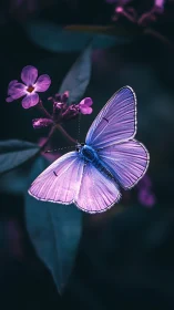 Photorealistic macro of violet butterfly on dark foliage.