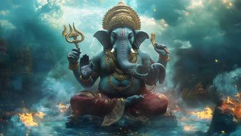 Celestial Ganesha rises amid storm-lit sacred waters.