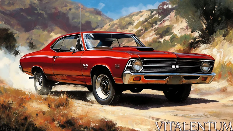 Classic red muscle car cruising a sunlit desert road.