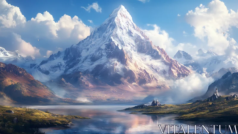 Snowcapped mountain over lake with distant fantasy castles.