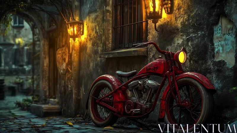 Red vintage motorcycle rests under warm alley lanterns at dusk