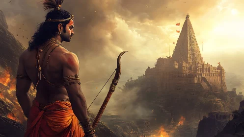 Warrior archer overlooks burning valley temple at sunrise.