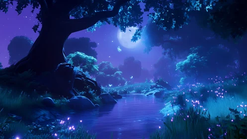 Enchanted moonlit forest river glows with bioluminescence.