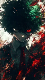 Anime boy with red eyes stands in blood splattered suit