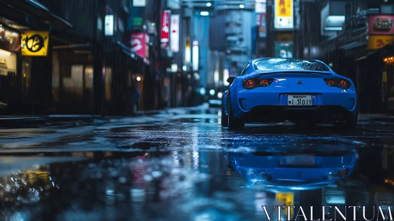 Blue sports car glows on neon wet Tokyo backstreet.