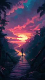 Solitary traveler walks jungle boardwalk toward neon sunset