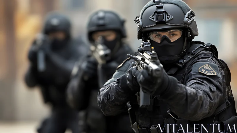 Tactical entry team in full ballistic gear advancing forward.