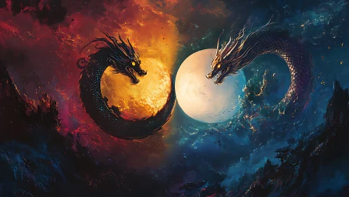 Twin elemental dragons circling blazing sun and pale moon.