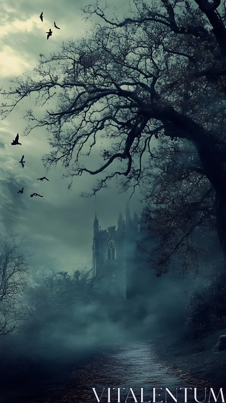 Gothic church rises through twilight mist and twisted trees.