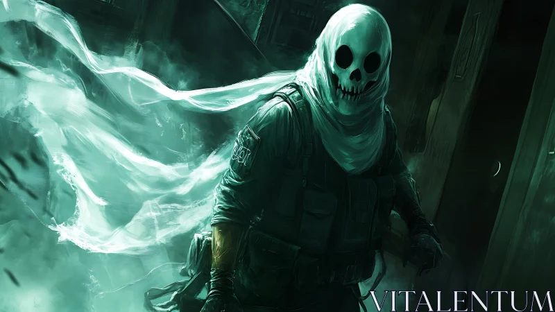 Ghost-masked soldier advances through green spectral fog