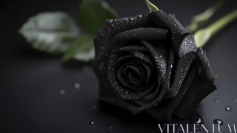 Macro study of dew-covered black rose under controlled low-key lighting