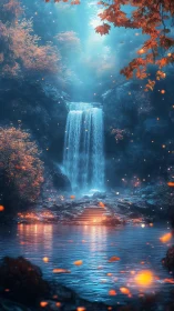Vertical artwork shows illuminated waterfall in dense forest