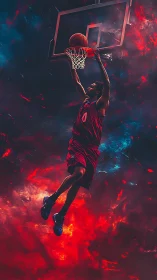 Electric slam dunk moment lights up a swirling cosmic court