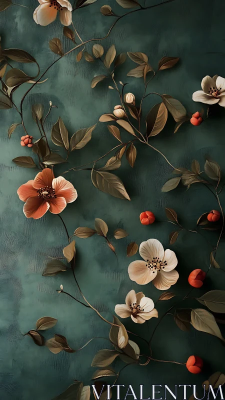 Botanical Arrangement on Teal: Florals and Foliage Composition.