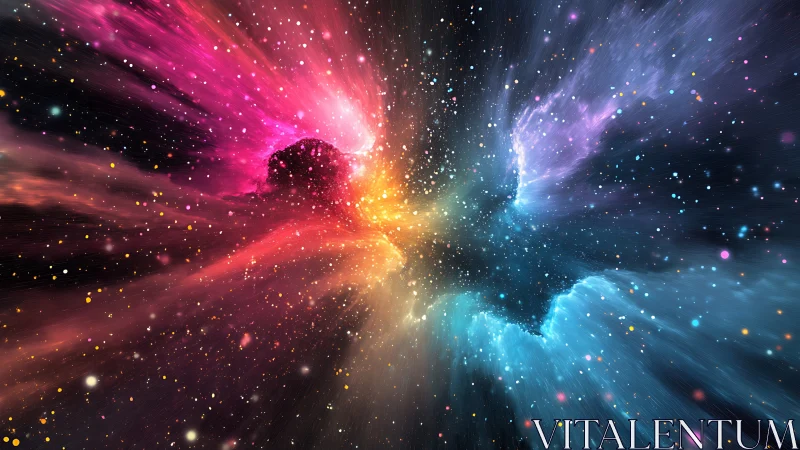 Stellar nebula explosion with prismatic cosmic light field.