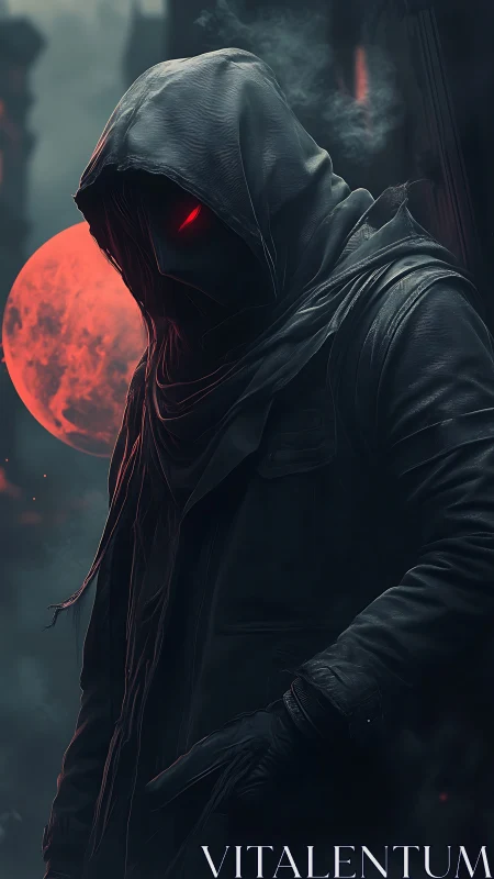 Hooded wraith silhouette with red moon backlight and glowing eyes