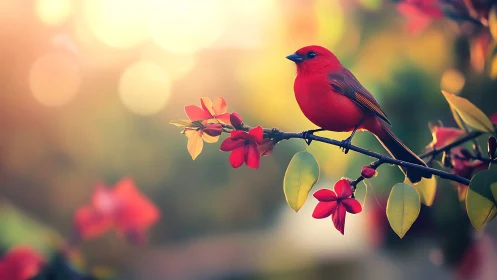 Vibrant red bird on blooming branch in dreamy sunlight bokeh.