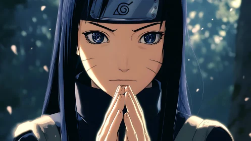 Anime shinobi character forms hand seal in forest light