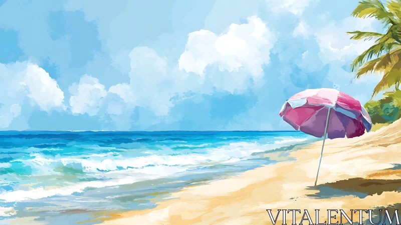 Vibrant digital seascape renders umbrella on sunlit shore