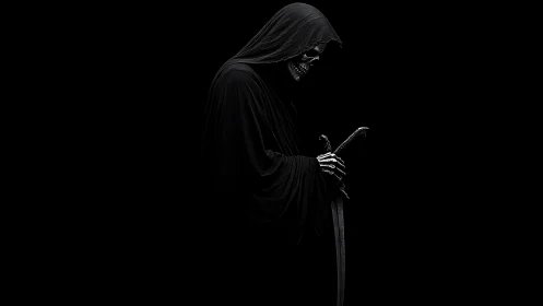 Grim reaper in deep shadow with sword and skeletal grin.