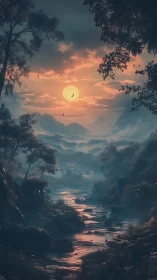 Cinematic dusk river valley renders atmospheric depth and glow