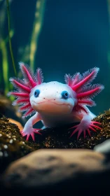 Pink axolotl underwater on rocks with soft blue background.