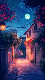 Moonlit cobblestone alley with warm lantern and floral glow.