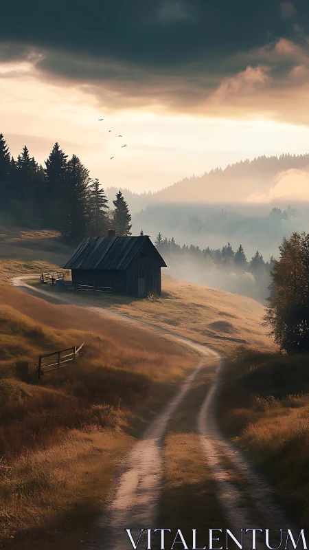 Wooden cabin stands beside winding dirt road at sunrise