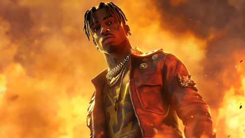 Stylized street idol emerging from blazing inferno backdrop.