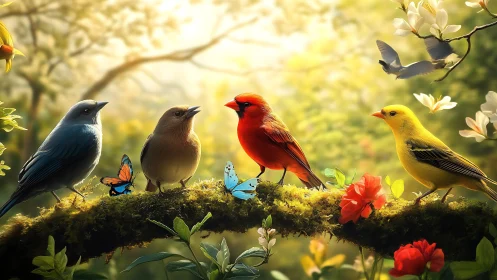 Colorful songbirds and butterflies on a mossy branch, digital art.