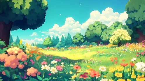 Digital painting meadowscape with luminous floral foreground.