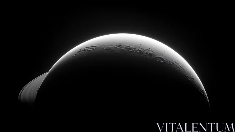 Crescent cratered moon with occulted planetary ring plane.