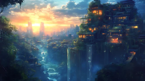 Bioluminescent cliffside eco-city at dusk with neon skyline