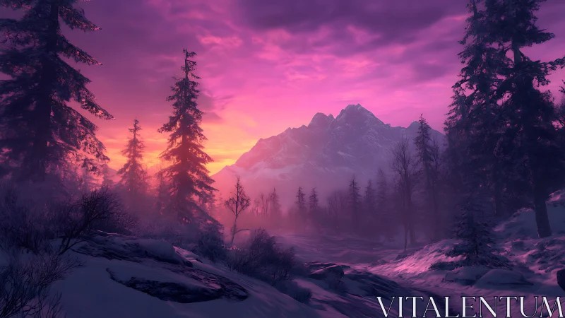 Spectral alpine dusk over snowfield corridor with violet haze.